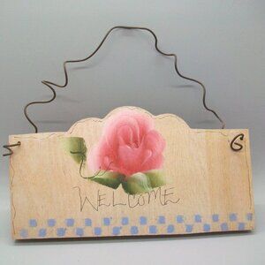 Hand Painted Pink Rose Blue Check Wooden Welcome Sign